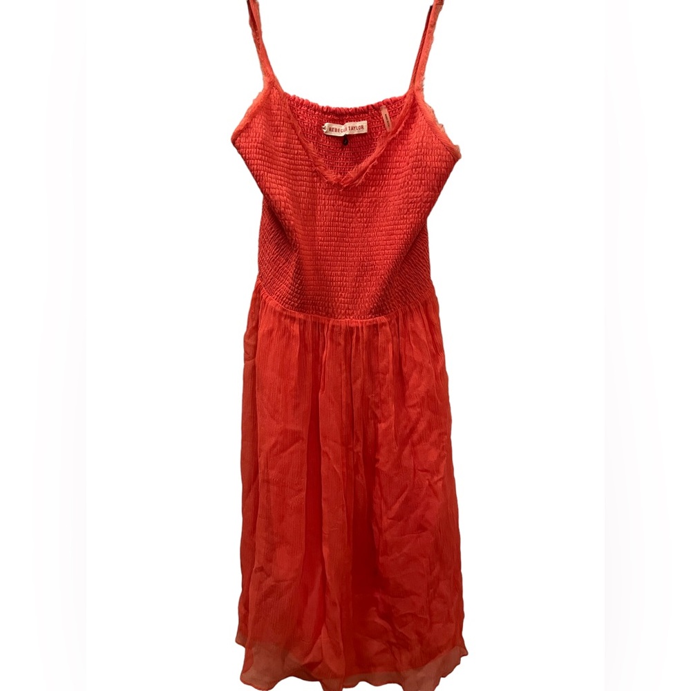 REBECCA TAYLOR 6 Coral Smocked-Top Sleeveless Dress
